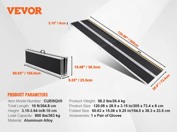 VEVOR portable wheelchair ramp with aluminum alloy, 10ft length, 800 lbs capacity, and folded size details.