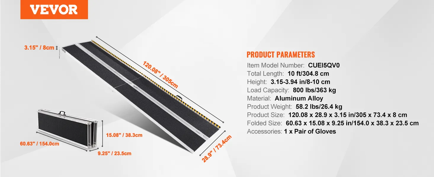 VEVOR portable wheelchair ramp with aluminum alloy, 10ft length, 800 lbs capacity, and folded size details.