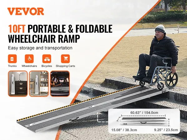VEVOR portable wheelchair ramp folded next to stairs for easy storage, suitable for trunks and bicycles.