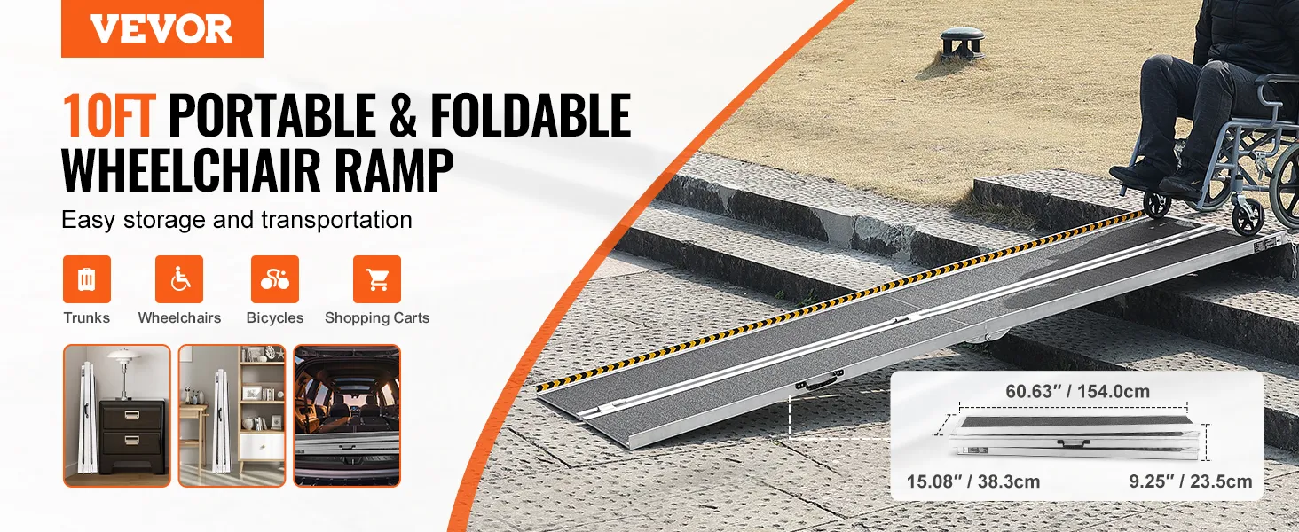 VEVOR portable wheelchair ramp folded next to stairs for easy storage, suitable for trunks and bicycles.