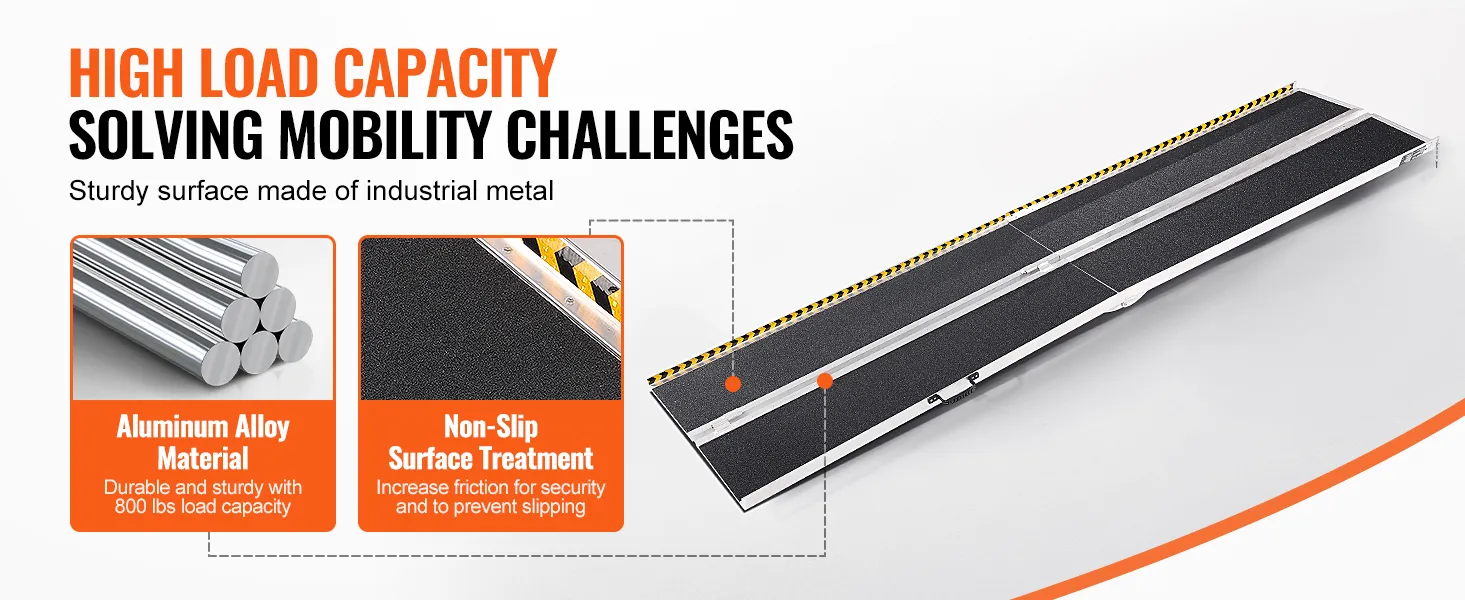 VEVOR portable wheelchair ramp with aluminum alloy material and non-slip surface treatment for 800 lbs load capacity.