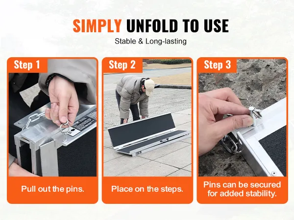 VEVOR portable wheelchair ramp setup: pull pins, place on steps, secure pins for stability.