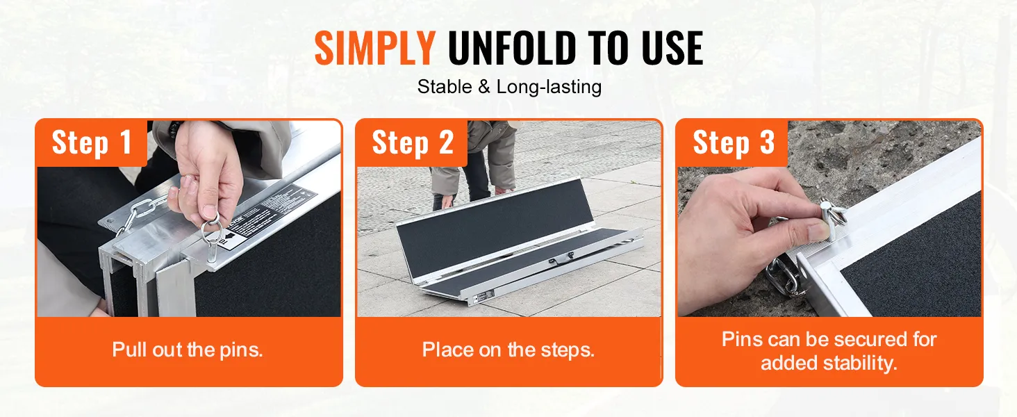 VEVOR portable wheelchair ramp setup: pull pins, place on steps, secure pins for stability.