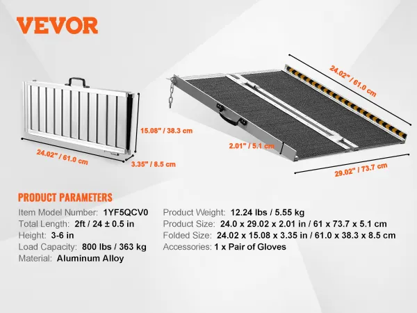 VEVOR rolstoelhelling met aluminiumlegering, 60 cm lang, 7,5-15 cm hoog, draagvermogen van 363 kg.