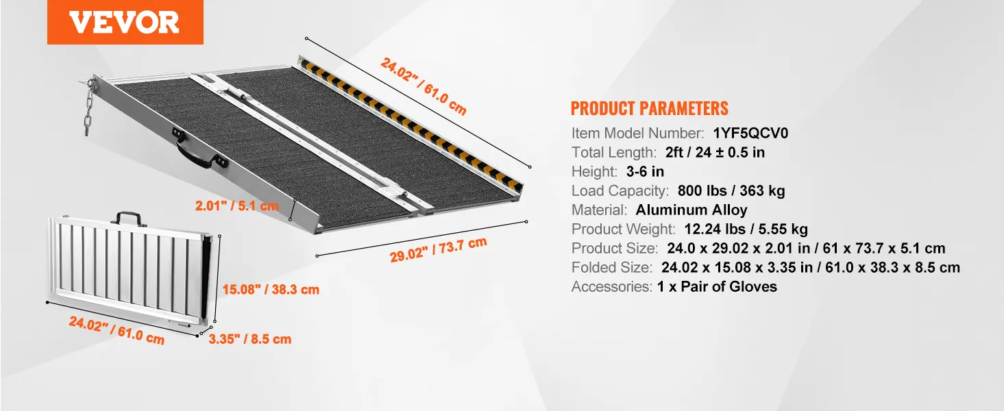 VEVOR rolstoelhelling met aluminiumlegering, 60 cm lang, 7,5-15 cm hoog, draagvermogen van 363 kg.