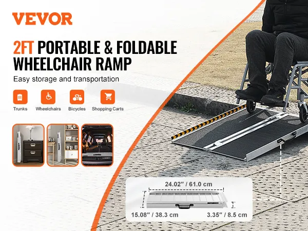 VEVOR rolstoelhelling 2ft draagbaar en opvouwbaar, ideaal voor koffers, rolstoelen, fietsen en winkelwagentjes.