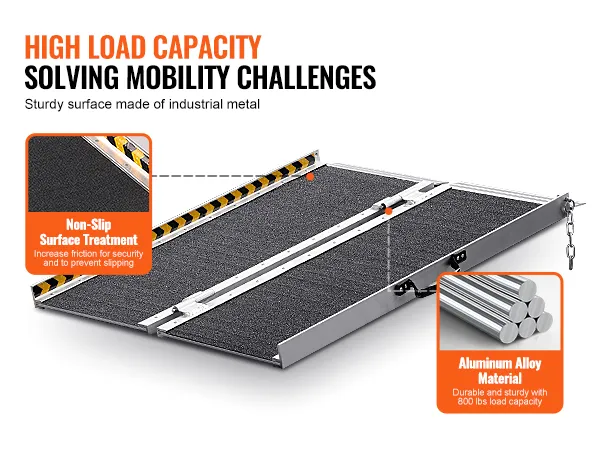 VEVOR rolstoelhelling met hoge draagkracht, gemaakt van duurzame aluminiumlegering en voorzien van een antislip oppervlaktebehandeling.