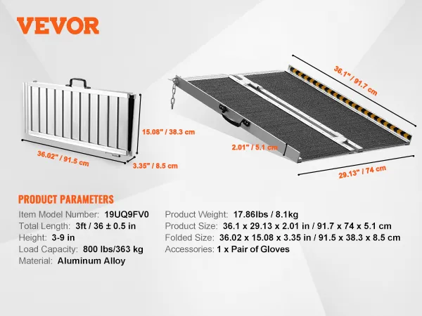 Rampa portatile per sedie a rotelle VEVOR con dettagli su dimensioni, capacità di carico, peso e materiali.