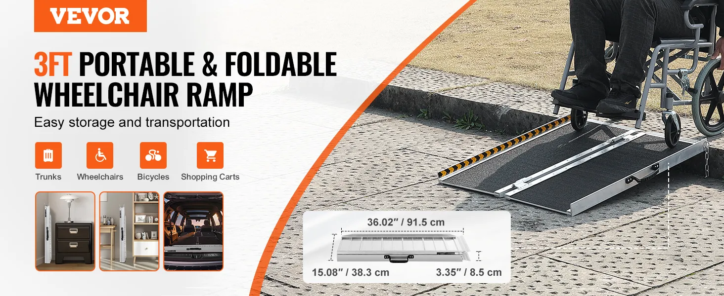 Rampa portatile per sedie a rotelle VEVOR, design pieghevole da 3 piedi, perfetta per bauli, sedie a rotelle, biciclette, carrelli.
