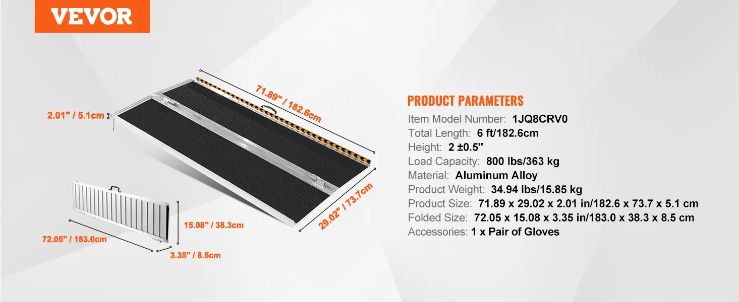 VEVOR portable wheelchair ramp specifications with dimensions and load capacity.