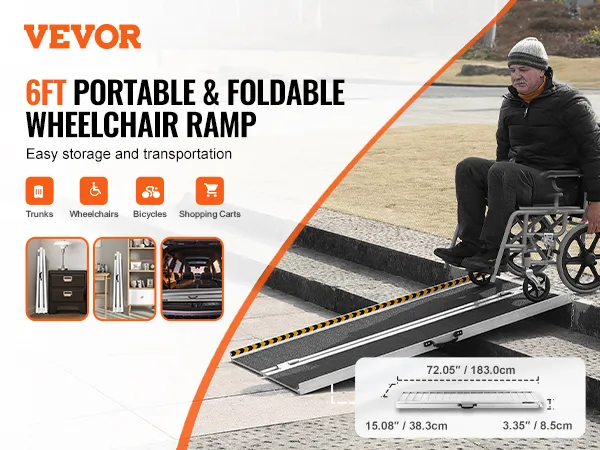 VEVOR portable wheelchair ramp folded for easy storage and setup, supporting various transport tools.