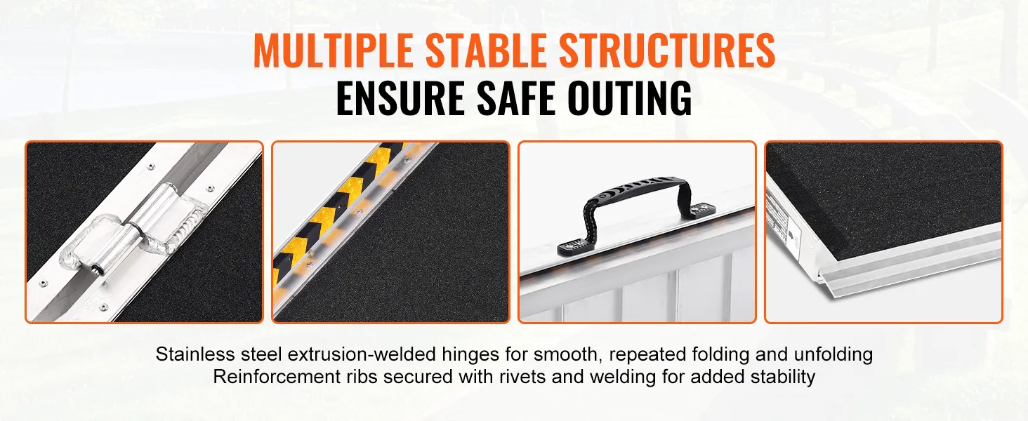 stainless steel hinges, reinforcement ribs, handle, and slip-resistant surface. VEVOR portable wheelchair ramp.