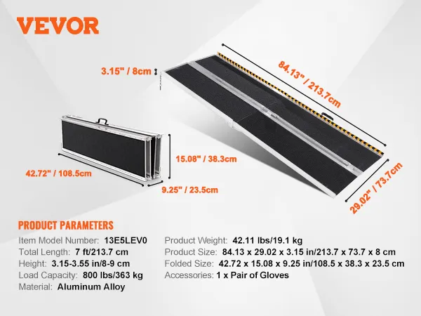 VEVOR wheelchair ramp with dimensions: 84.13" x 29.02" x 3.15", foldable to 42.72" x 15.08" x 9.25".