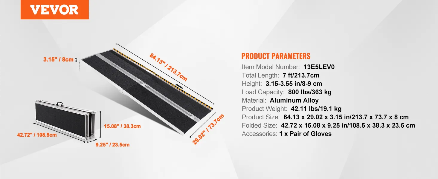 VEVOR wheelchair ramp with dimensions: 84.13" x 29.02" x 3.15", foldable to 42.72" x 15.08" x 9.25".