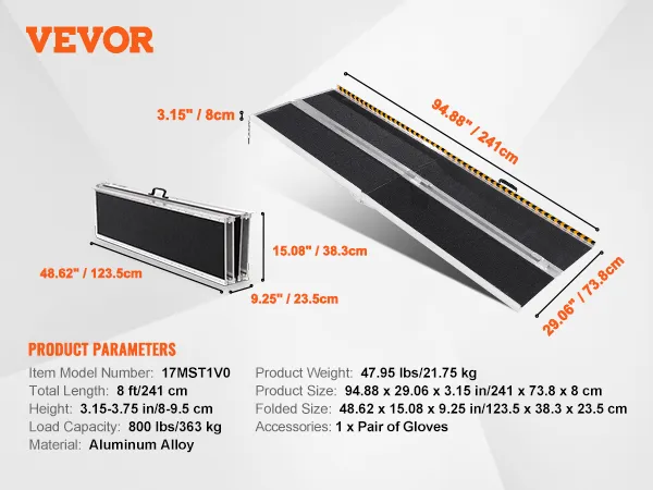 VEVOR portable wheelchair ramp: 8 ft, aluminum alloy, 800 lbs capacity, foldable, with dimensions and weights.