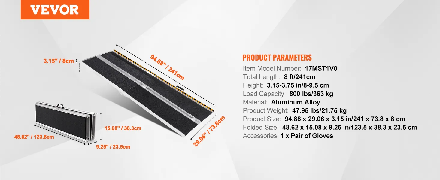 VEVOR portable wheelchair ramp: 8 ft, aluminum alloy, 800 lbs capacity, foldable, with dimensions and weights.