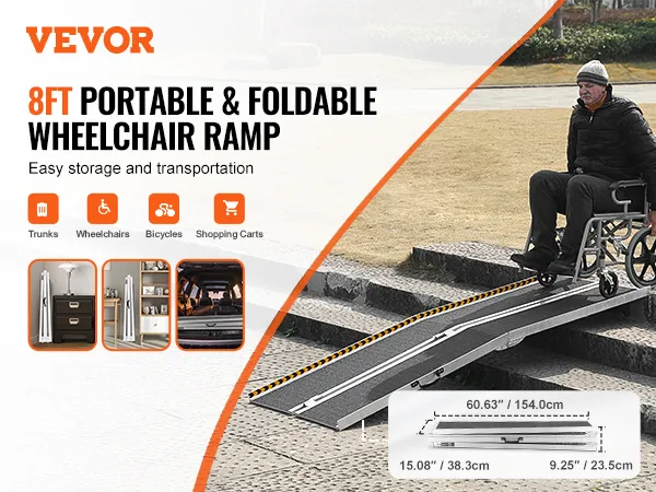 VEVOR portable wheelchair ramp, 8ft foldable ramp for easy storage and transportation over steps.