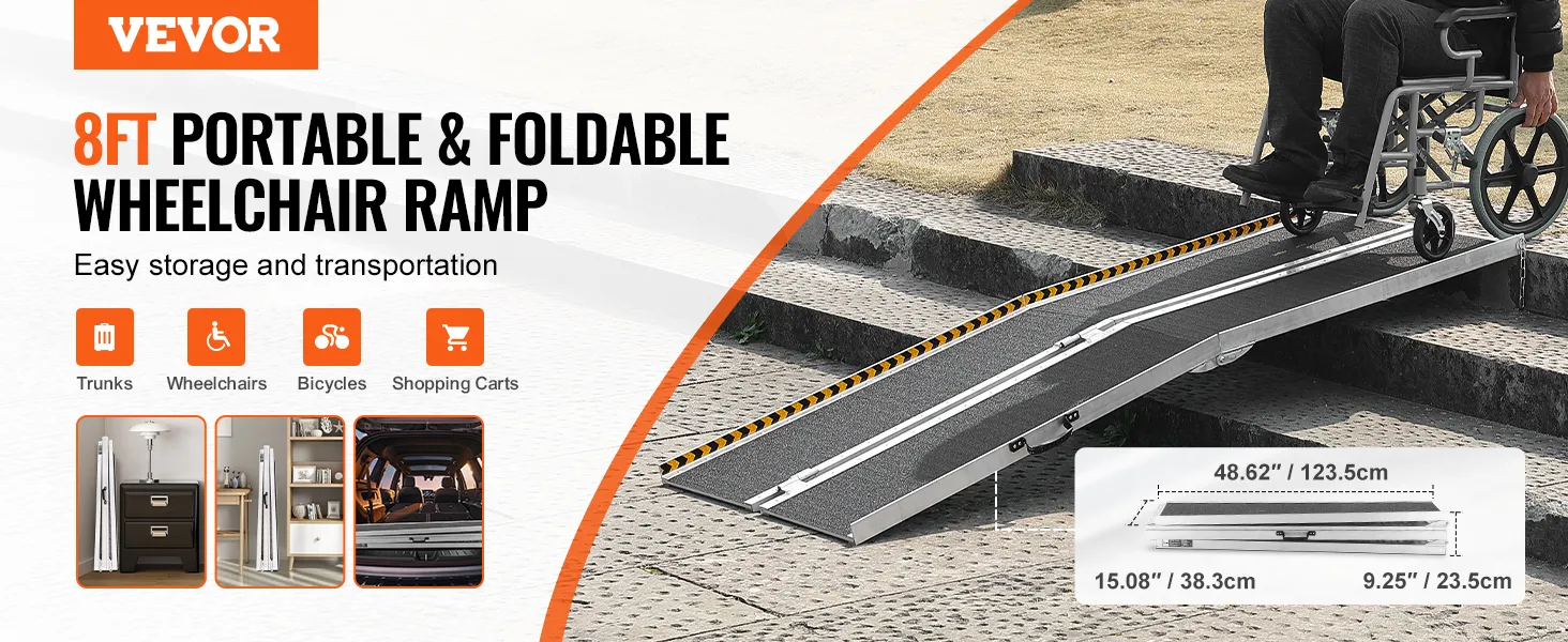 VEVOR portable wheelchair ramp, 8ft foldable ramp for easy storage and transportation over steps.