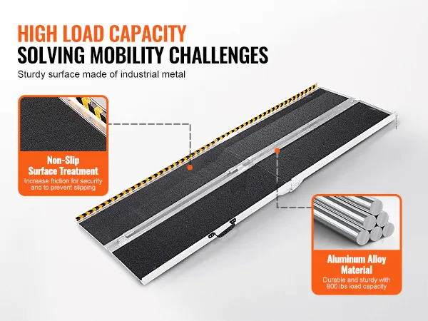high load capacity VEVOR portable wheelchair ramp with non-slip surface and aluminum alloy material.