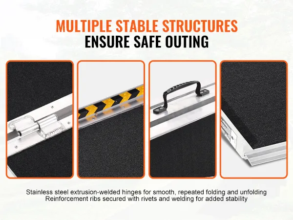 multiple stable structures of the VEVOR portable wheelchair ramp ensuring safe outings, with close-up details.