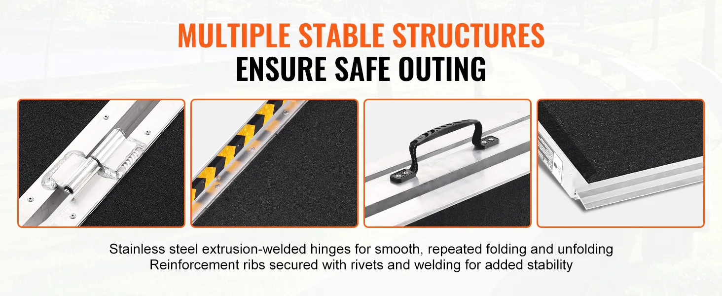 multiple stable structures of the VEVOR portable wheelchair ramp ensuring safe outings, with close-up details.