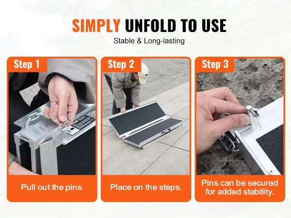 steps to use the VEVOR portable wheelchair ramp: pull out pins, place on steps, secure for stability.