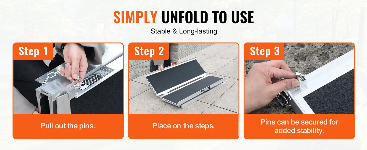 steps to use the VEVOR portable wheelchair ramp: pull out pins, place on steps, secure for stability.