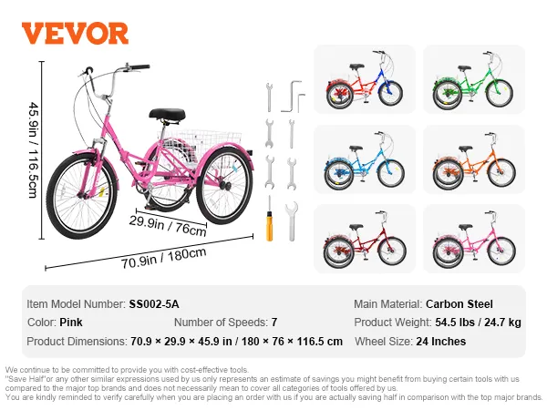 VEVOR folding adult tricycle, pink, carbon steel frame, 7-speed, 24-inch wheels, assembly tools included.
