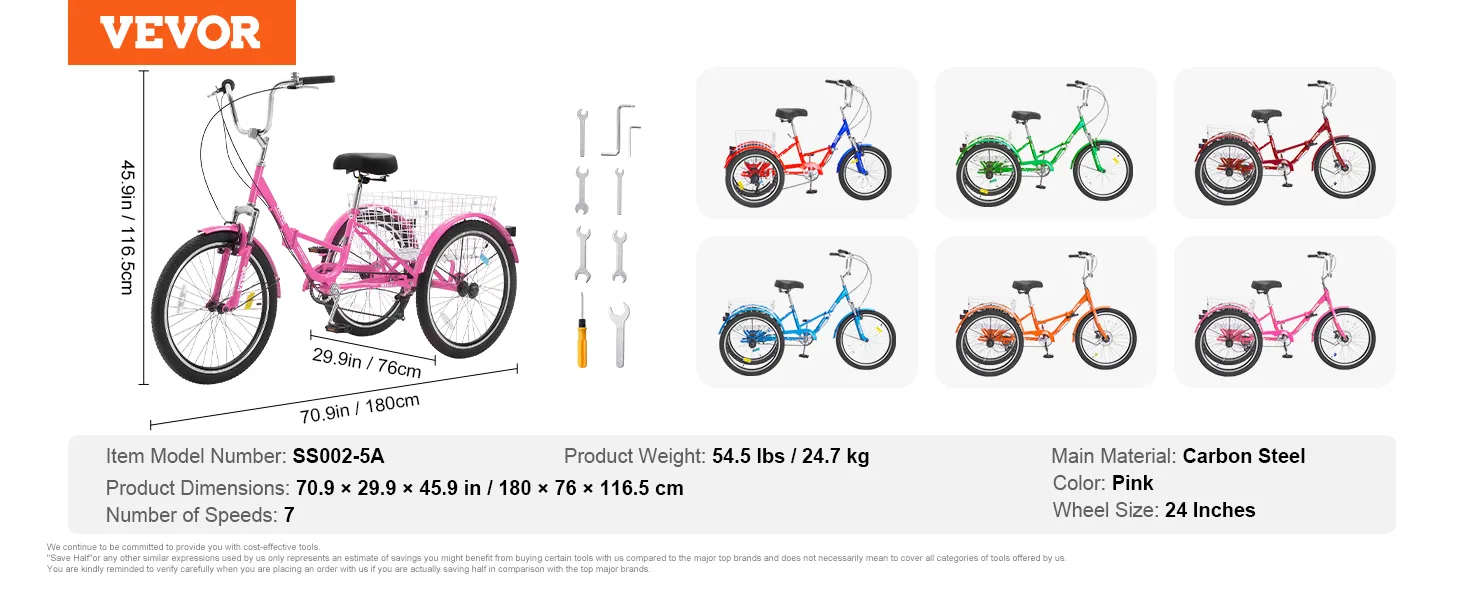 VEVOR folding adult tricycle, pink, carbon steel frame, 7-speed, 24-inch wheels, assembly tools included.