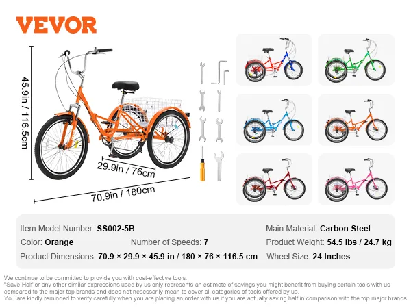 VEVOR folding adult tricycle: orange frame, 24-inch wheels, 7 speeds with dimensions and weight displayed.