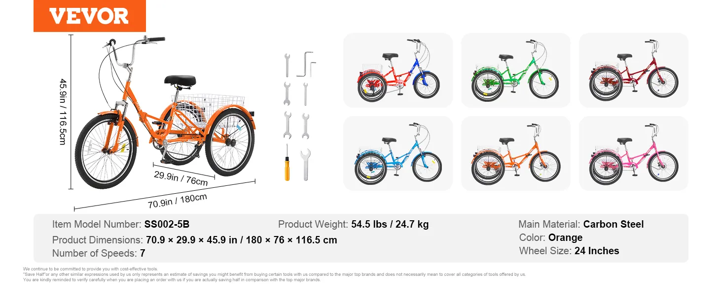 VEVOR folding adult tricycle: orange frame, 24-inch wheels, 7 speeds with dimensions and weight displayed.