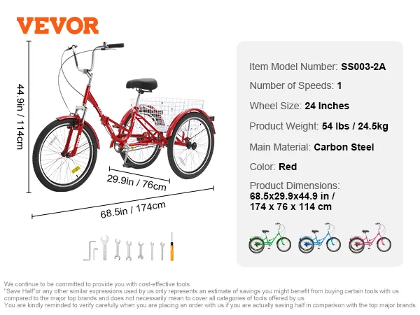 Triciclo plegable para adultos VEVOR rojo con cesta, ruedas de 24 pulgadas, cuadro de acero al carbono, modelo ss003-2a.