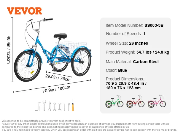 Triciclo plegable para adultos VEVOR azul con ruedas de 26 pulgadas, cesta trasera y dimensiones 70,9 x 29,9 x 48,4 pulgadas.