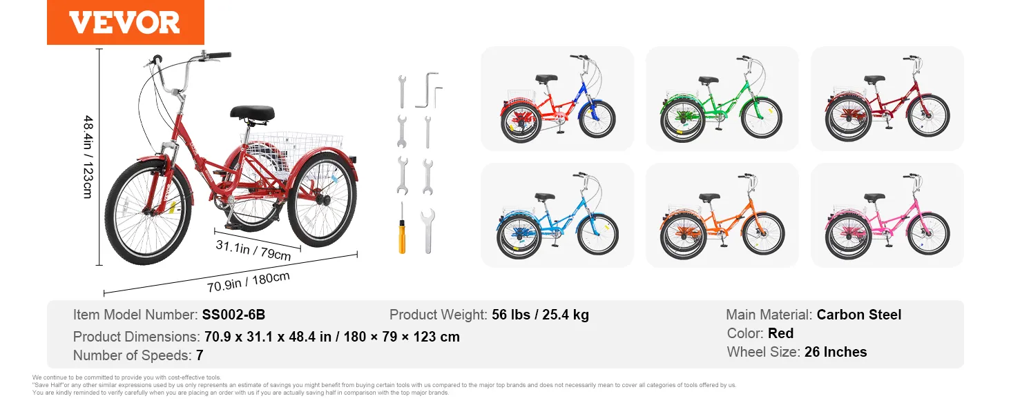 Triciclo plegable para adultos VEVOR rojo, acero al carbono, ruedas de 26 pulgadas, 7 velocidades, dimensiones 70,9"x31,1"x48,4".