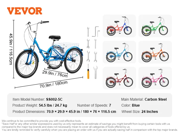 Triciclo plegable para adultos VEVOR en color azul con marco de acero al carbono, asiento ajustable y canasta de carga trasera.