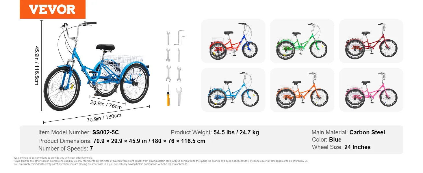 Triciclo plegable para adultos VEVOR en color azul con marco de acero al carbono, asiento ajustable y canasta de carga trasera.