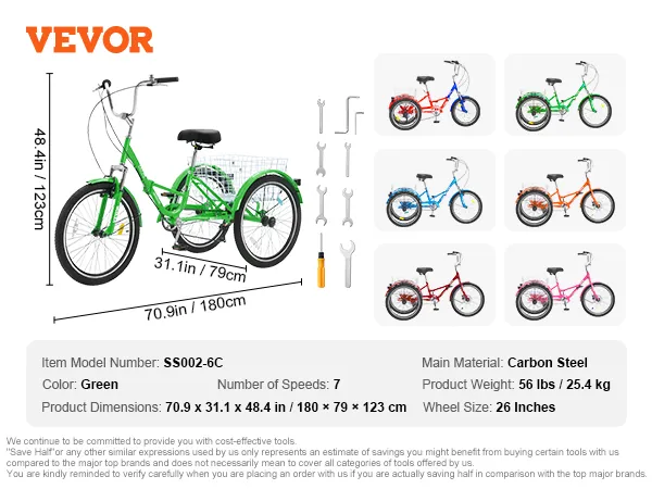 Triciclo plegable para adultos VEVOR, verde, ruedas de 26 pulgadas, cuadro de acero al carbono, siete velocidades, herramientas de montaje incluidas.