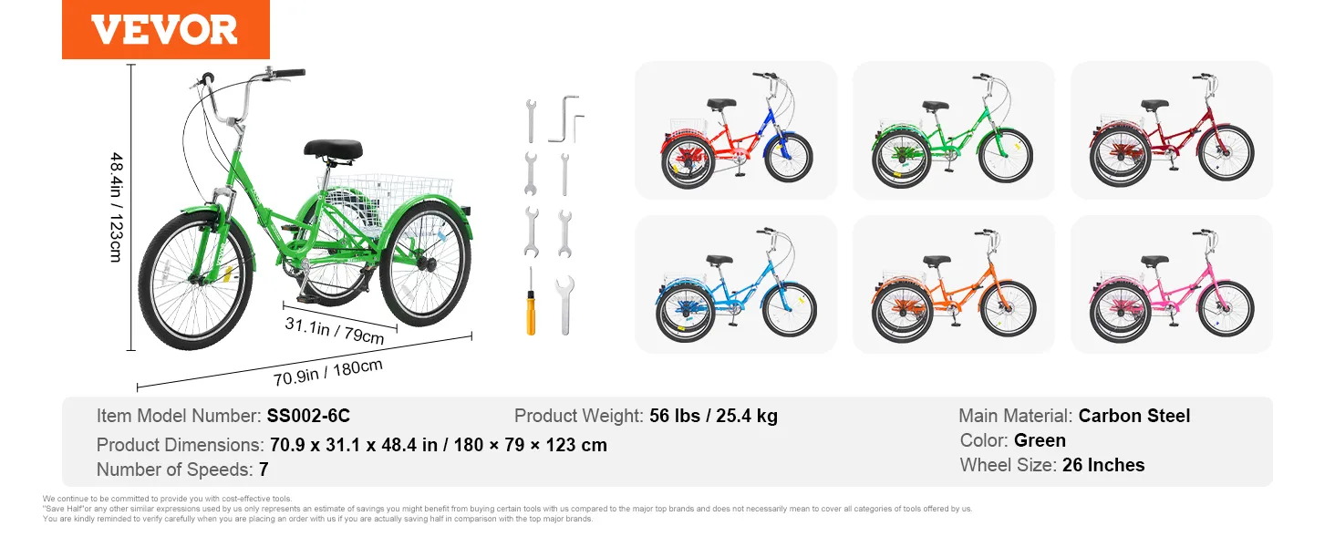 Triciclo plegable para adultos VEVOR, verde, ruedas de 26 pulgadas, cuadro de acero al carbono, siete velocidades, herramientas de montaje incluidas.