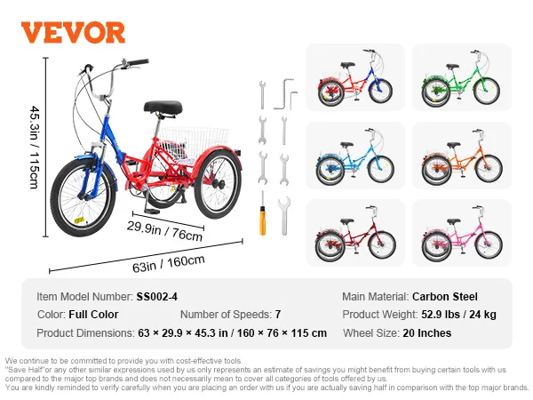 Triciclo plegable para adultos VEVOR, cuadro de acero al carbono, ruedas de 20 pulgadas, 7 velocidades, dimensiones: 63" x 29,9" x 45,3".
