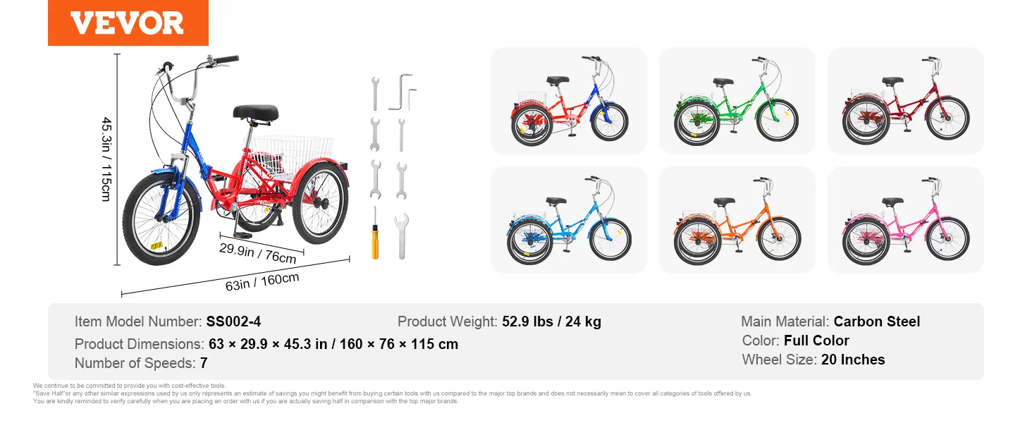 Triciclo plegable para adultos VEVOR, cuadro de acero al carbono, ruedas de 20 pulgadas, 7 velocidades, dimensiones: 63" x 29,9" x 45,3".