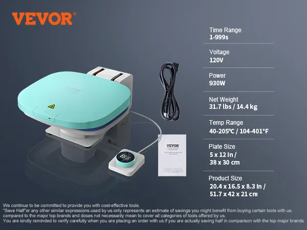VEVOR auto heat press showing specifications: 120v, 930w, plate size 5x12in, time range 1-999s.