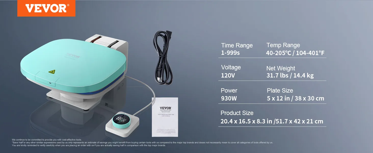 VEVOR auto heat press showing specifications: 120v, 930w, plate size 5x12in, time range 1-999s.