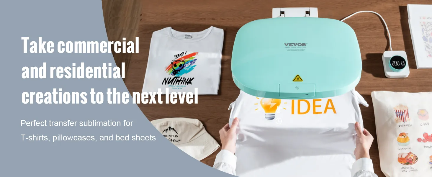 VEVOR auto heat press for t-shirts, pillowcases, and bed sheets transfer sublimation.