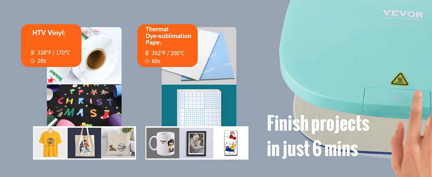 VEVOR auto heat press showcasing htv vinyl and thermal dye-sublimation for mugs, pillows, and shirts.