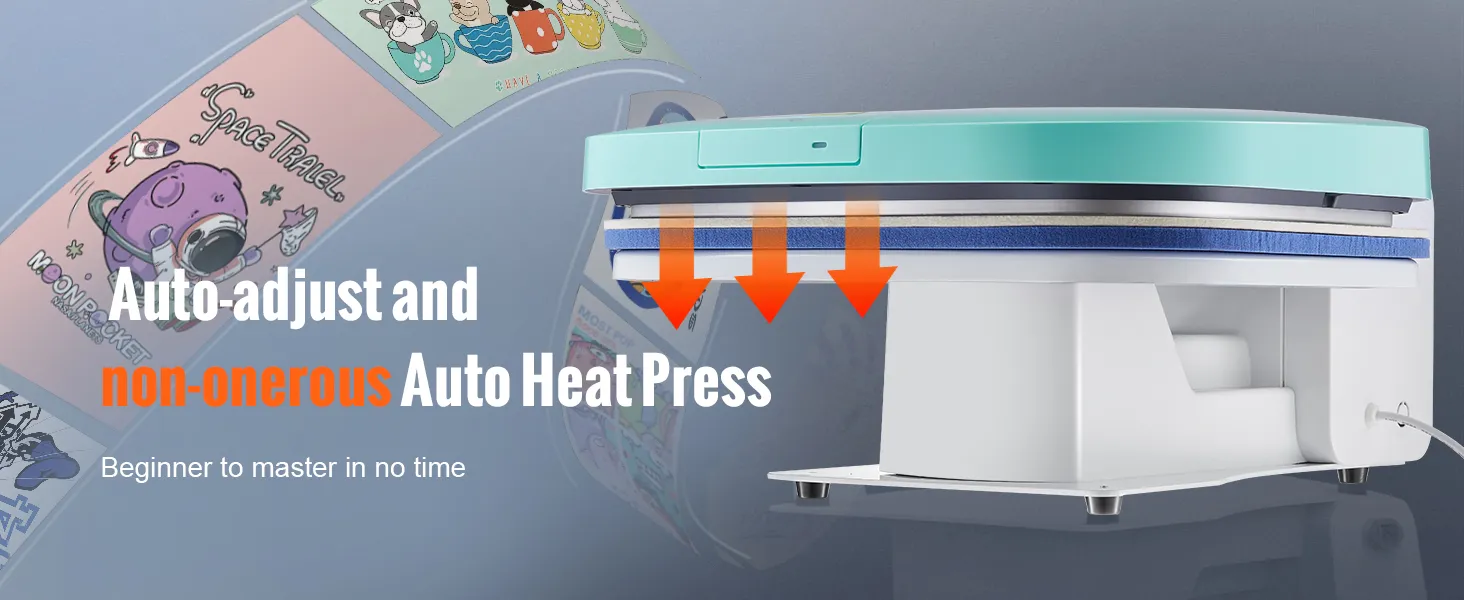 VEVOR auto heat press with auto-adjust feature and vibrant printed designs for beginners.