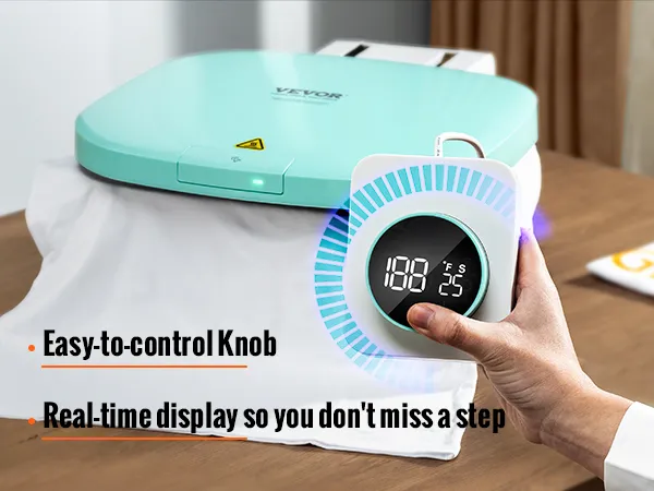 VEVOR auto heat press with knob control and real-time display, pressing fabric on a wooden table.