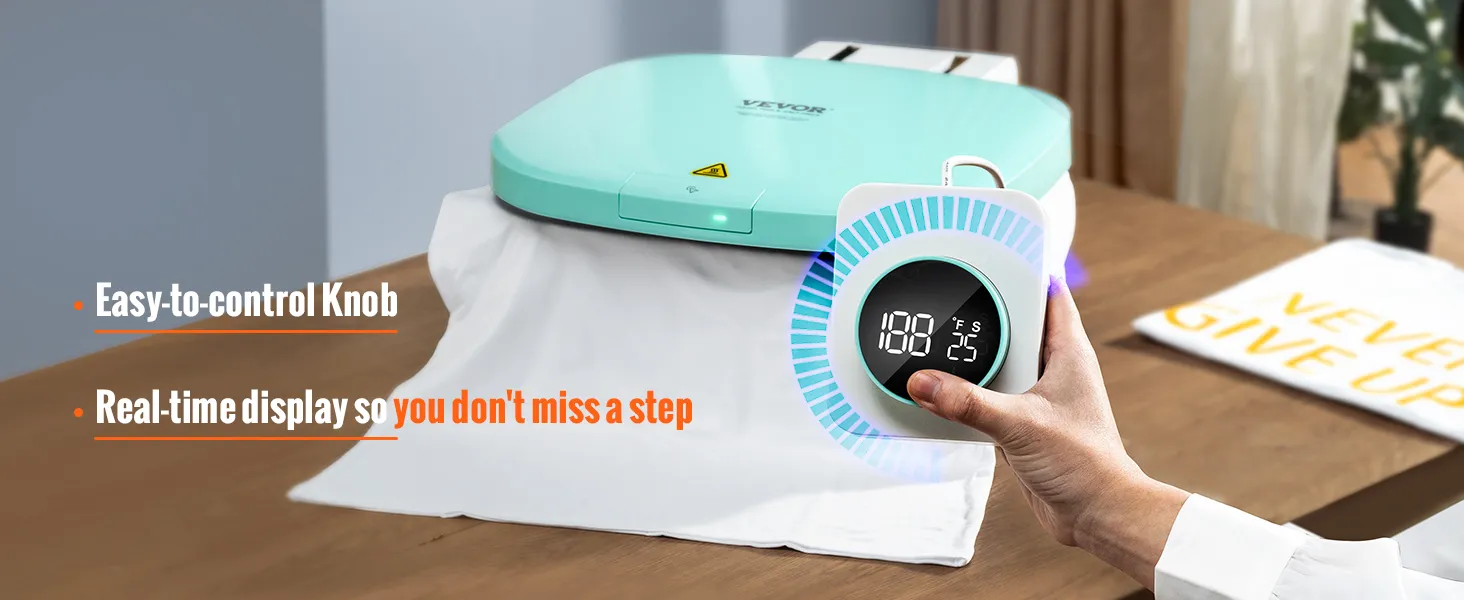 VEVOR auto heat press with knob control and real-time display, pressing fabric on a wooden table.