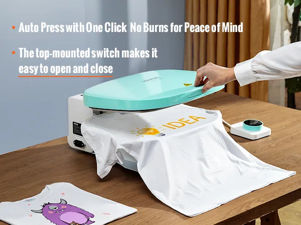 VEVOR auto heat press on table pressing t-shirts with ease, top-mounted switch for easy operation.