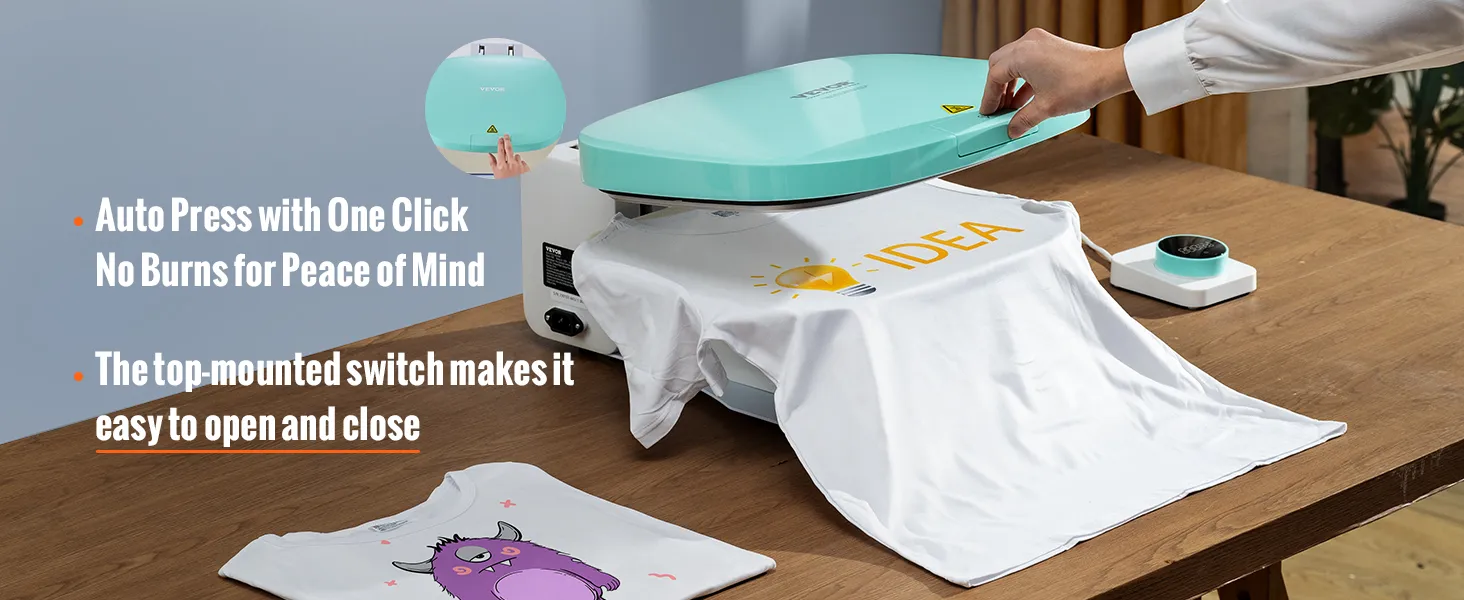 VEVOR auto heat press on table pressing t-shirts with ease, top-mounted switch for easy operation.
