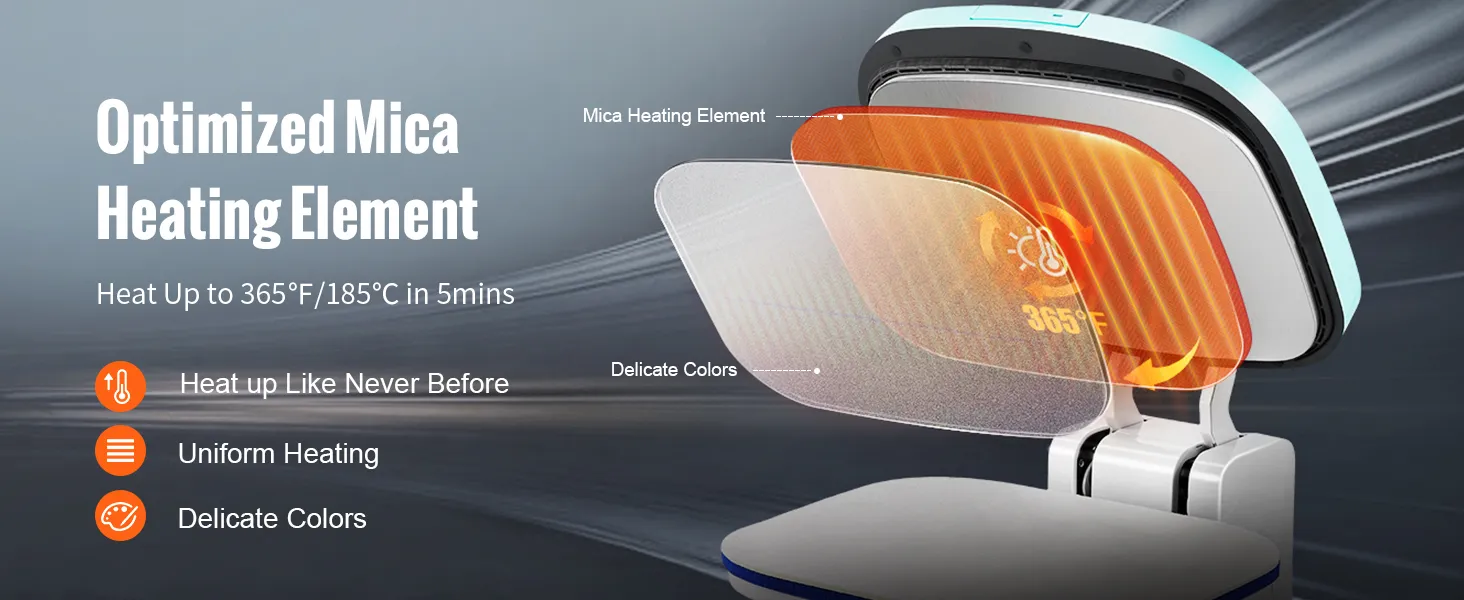 VEVOR auto heat press with optimized mica heating element, uniform heating, and delicate colors.